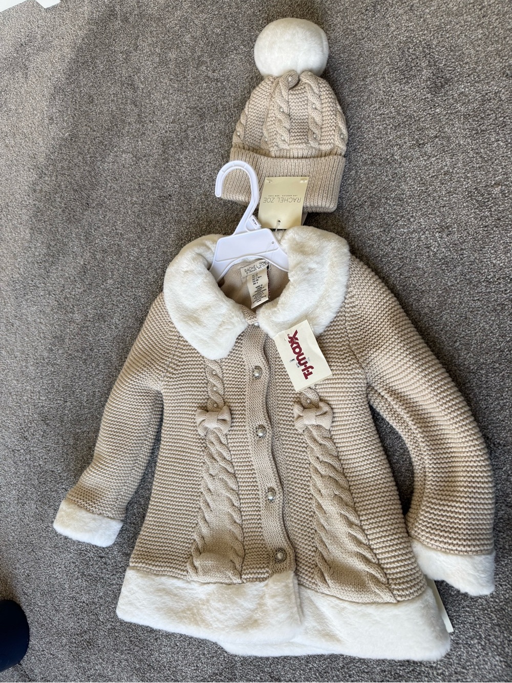 Rachel Zoe Cream Knit Coat with Faux Fur Trim and Pom Hat